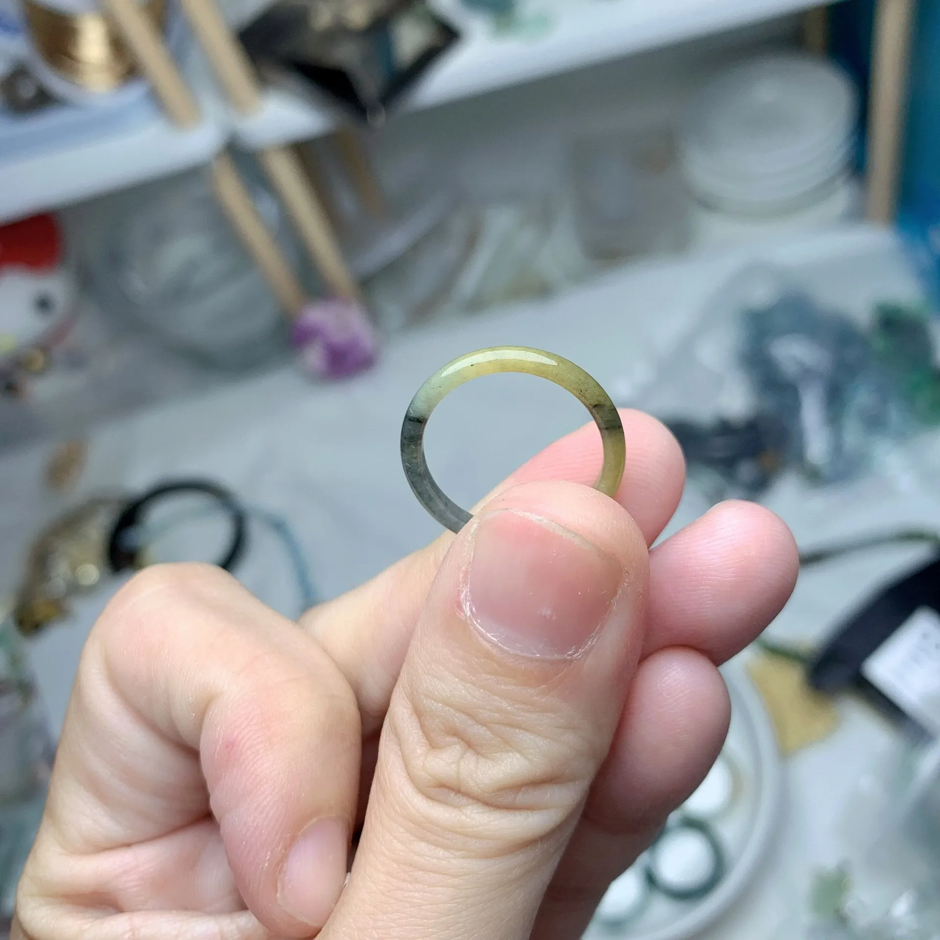 虎紋黑冰黃翡翡翠戒圈[港碼10]