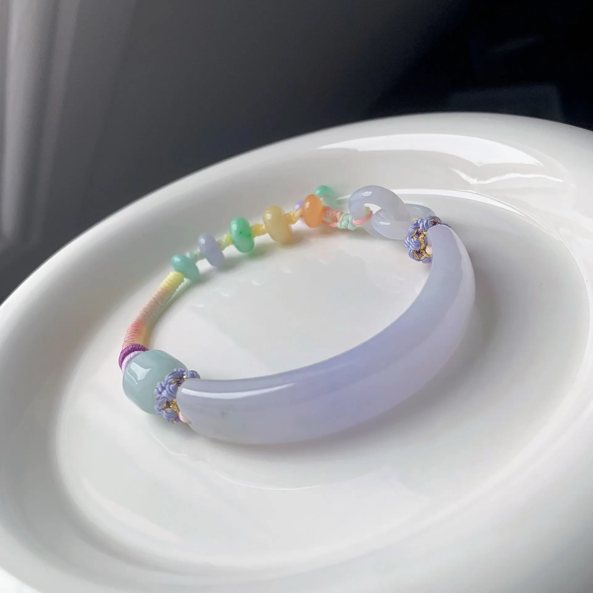 Icy Lavender with Rainbow drumbeads designed jadeite Bangle