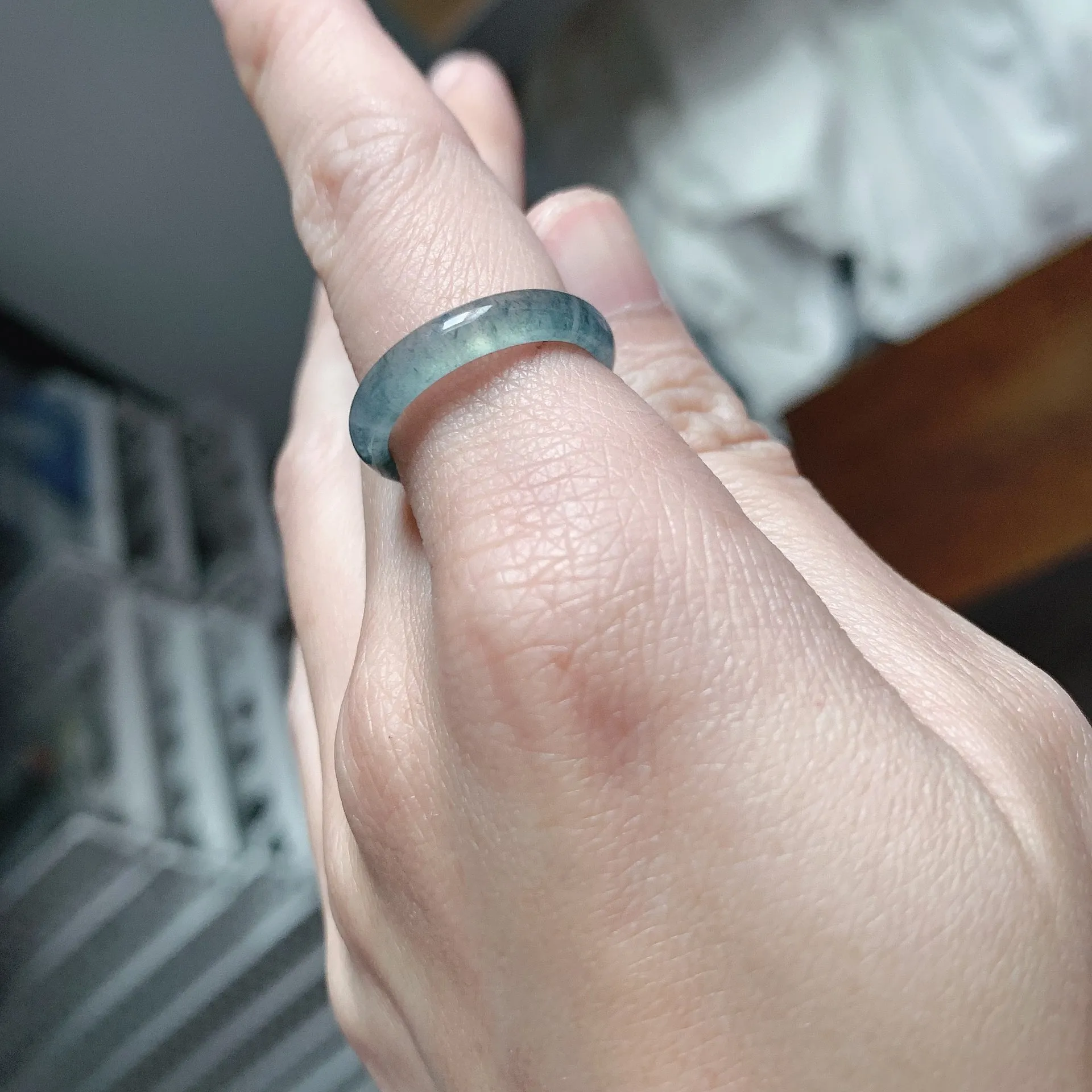 復古藍黑冰飄花翡翠戒圈